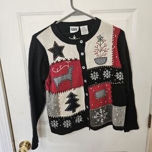Vintage Capacity Brand Embroidered Patchwork Christmas Sweater Womens Petite Med